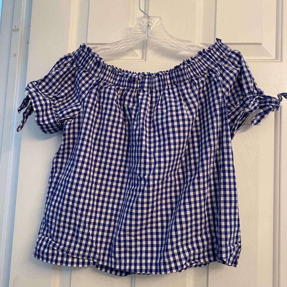 J. Crew blue gingham plaid off the shoulder blouse sz 4 - Picture 8 of 8